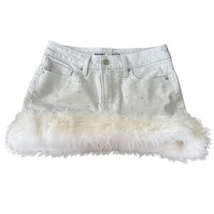 Upcycled Faux Fur Micro Skirt Crystals Y2K White Silver Metallic Voated Denim